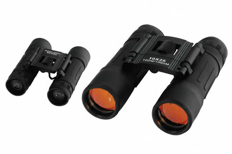 Two black 10x25 binoculars with orange-tinted lenses, one smaller and one larger