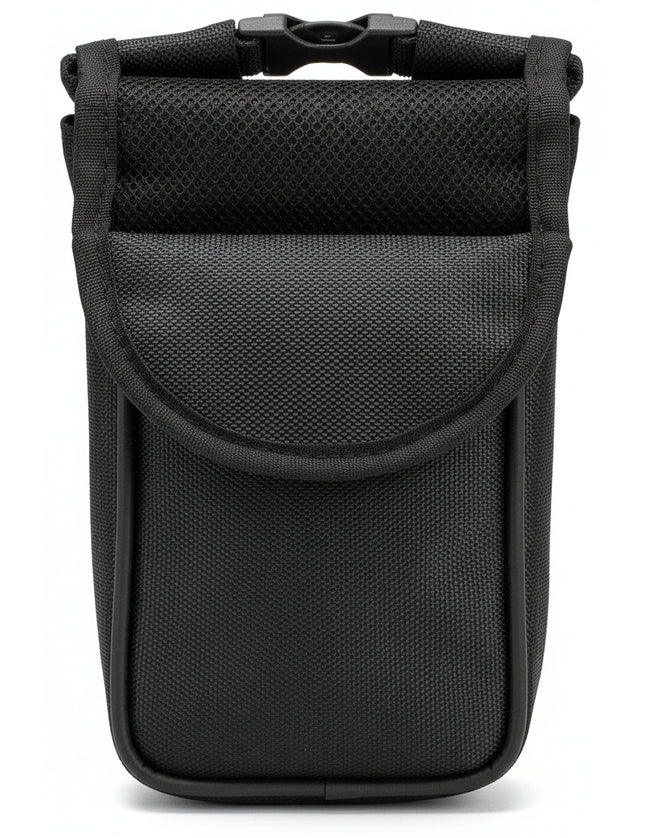 Black rectangular pouch with a flap closure
