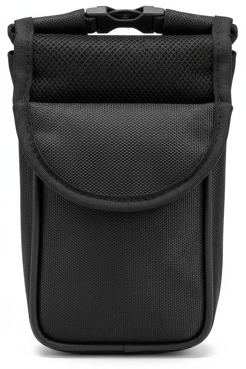 Black rectangular pouch with a flap closure