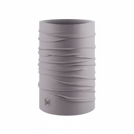Light grey multifunctional headwear with a small circular logo at the bottom