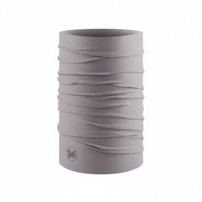 Light grey multifunctional headwear with a small circular logo at the bottom