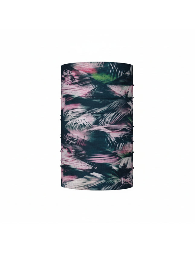 Multifunctional headwear with a dark background and pink and green abstract feather-like patterns