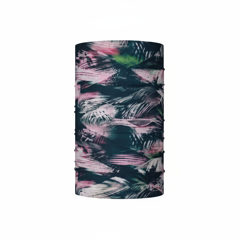 Multifunctional headwear with a dark background and pink and green abstract feather-like patterns