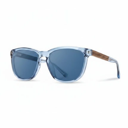 Light blue sunglasses with dark blue lenses and wooden arms
