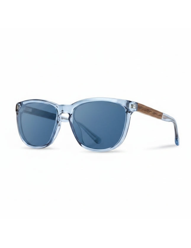 Light blue sunglasses with dark blue lenses and wooden arms
