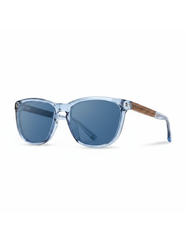 Light blue sunglasses with dark blue lenses and wooden arms