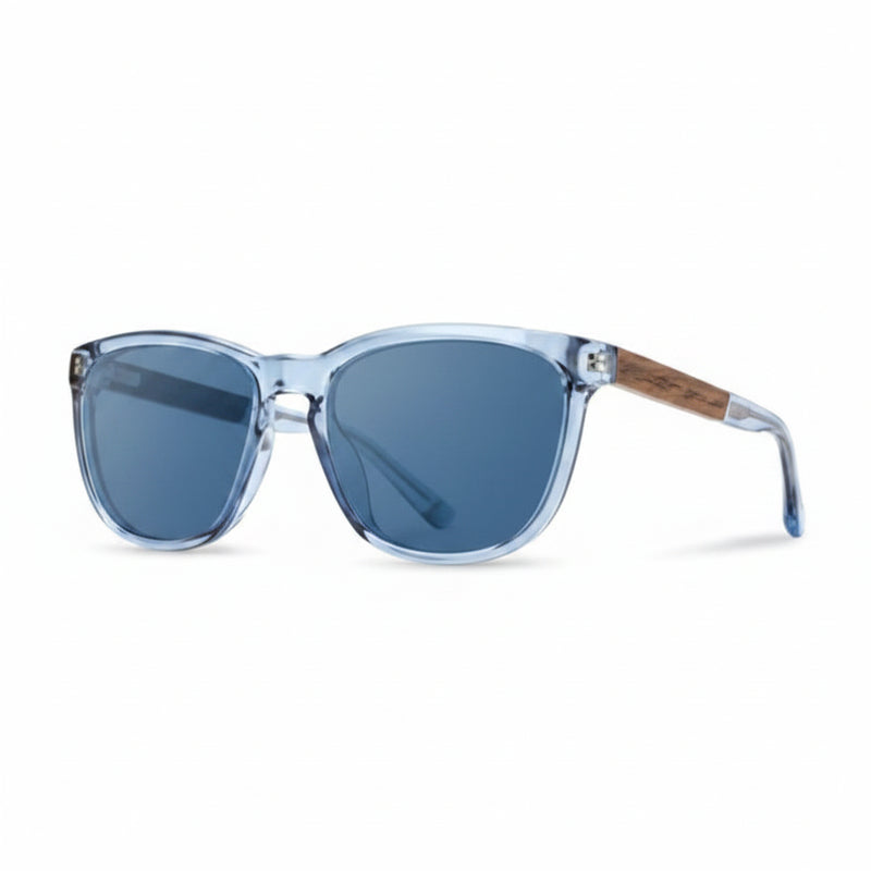 Light blue sunglasses with dark blue lenses and wooden arms
