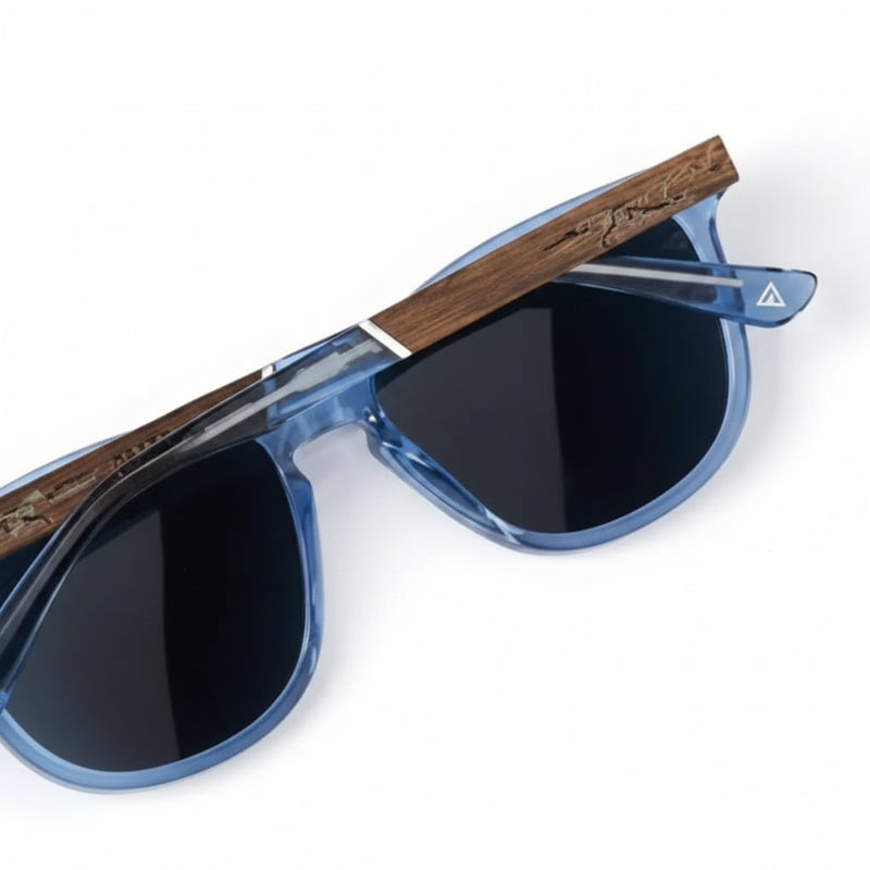 Blue sunglasses with dark lenses and wooden arms