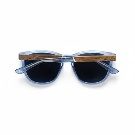 Blue sunglasses with dark lenses and wooden arms