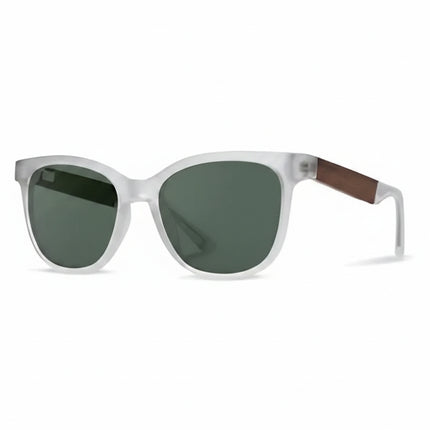 White frame sunglasses with dark green lenses and brown temples