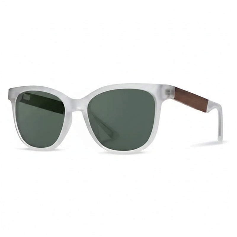 White frame sunglasses with dark green lenses and brown temples