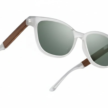 White sunglasses with green lenses and brown accents on the arms