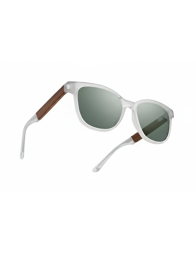 White sunglasses with green lenses and brown accents on the arms