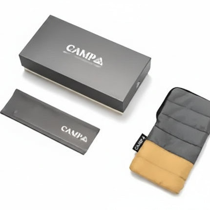 Campa branded box, sleeve, and a padded two-tone grey and tan pouch