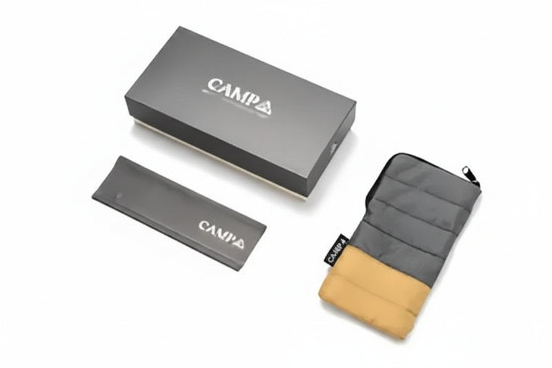 Campa branded box, sleeve, and a padded two-tone grey and tan pouch