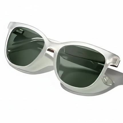 White framed sunglasses with dark green lenses