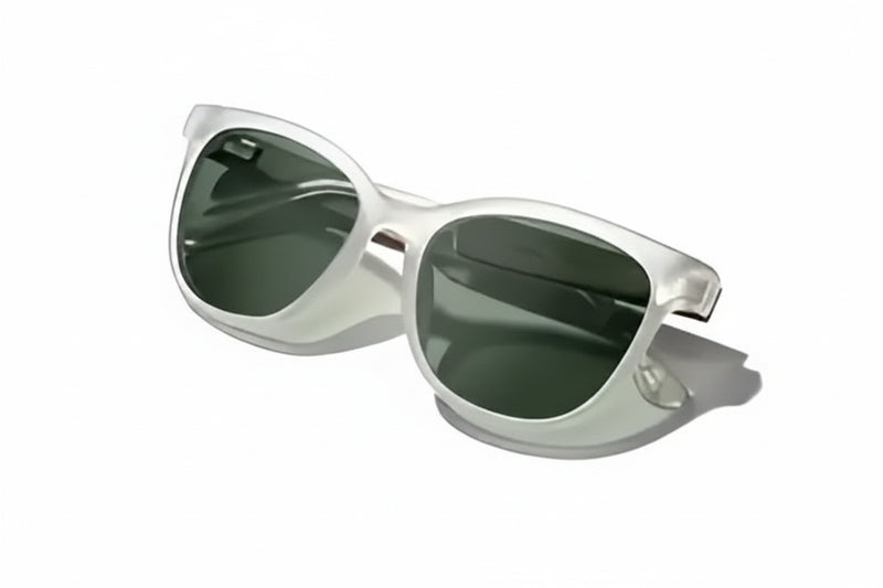 White framed sunglasses with dark green lenses