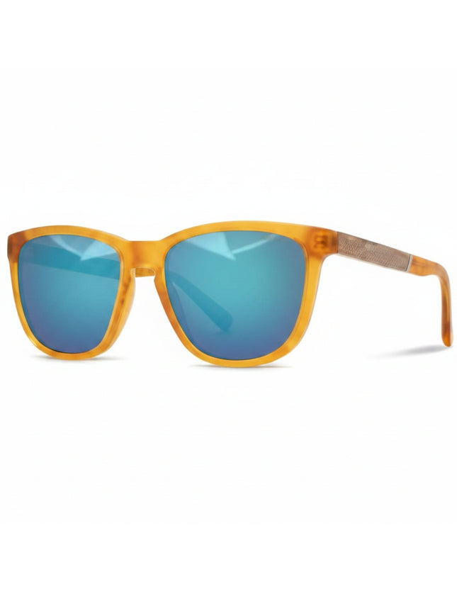 Orange sunglasses with blue mirrored lenses