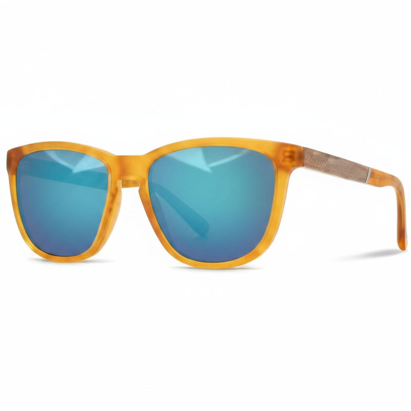 Orange sunglasses with blue mirrored lenses