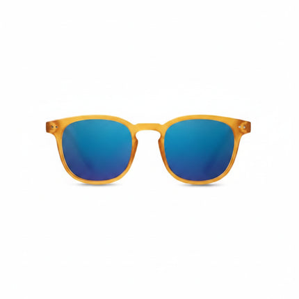 Amber sunglasses with blue mirrored lenses