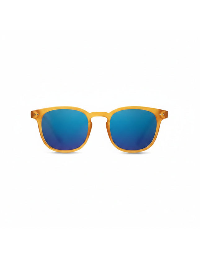 Amber sunglasses with blue mirrored lenses