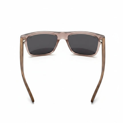 Top-down view of brown sunglasses with dark lenses and wooden arms