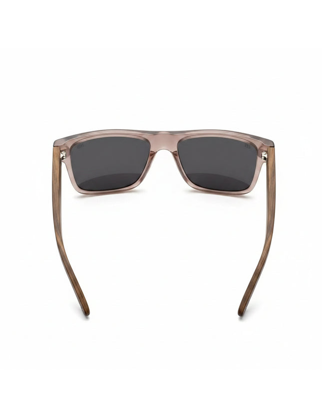 Top-down view of brown sunglasses with dark lenses and wooden arms
