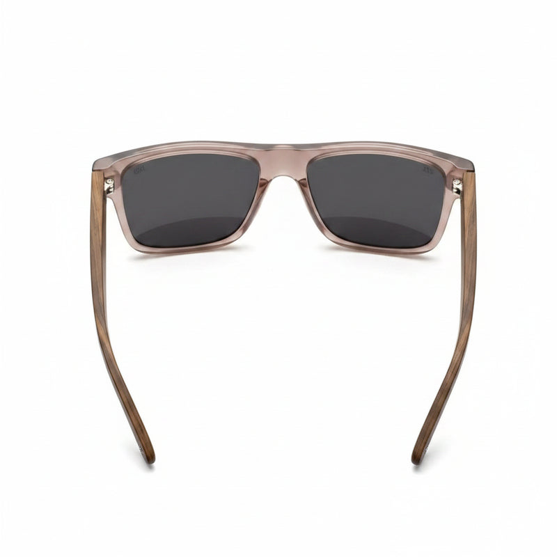 Top-down view of brown sunglasses with dark lenses and wooden arms