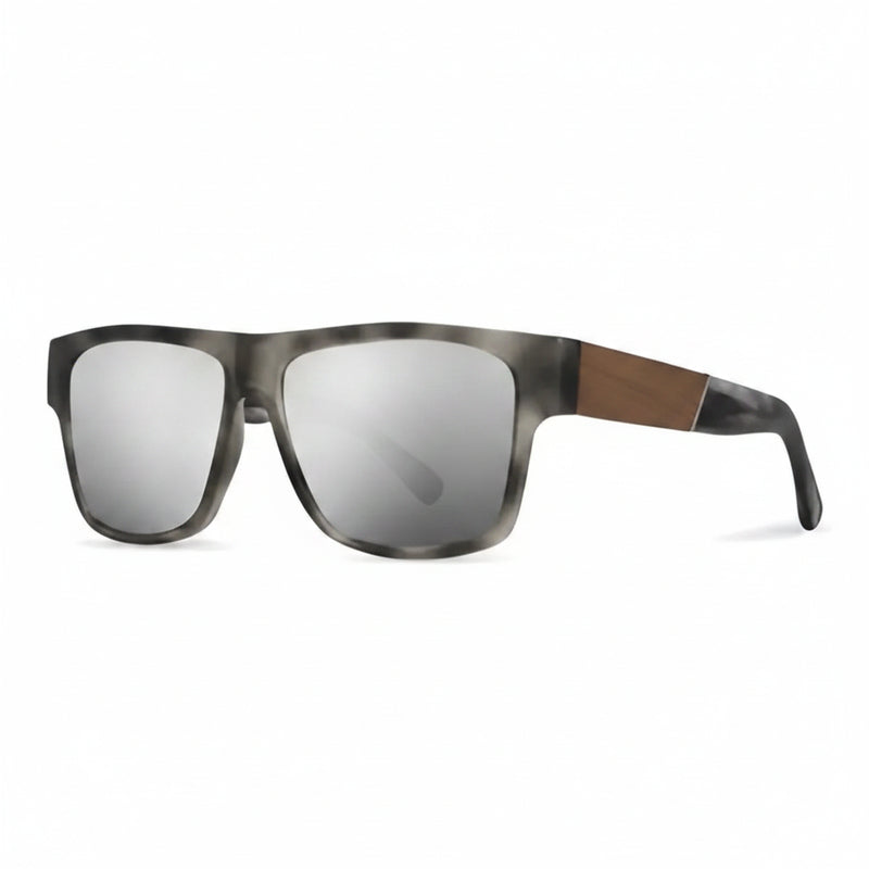 Gray sunglasses with silver mirrored lenses and brown wood accents on the temples