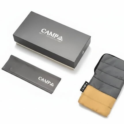 Campa branded box, sleeve, and a two-tone grey and tan padded pouch