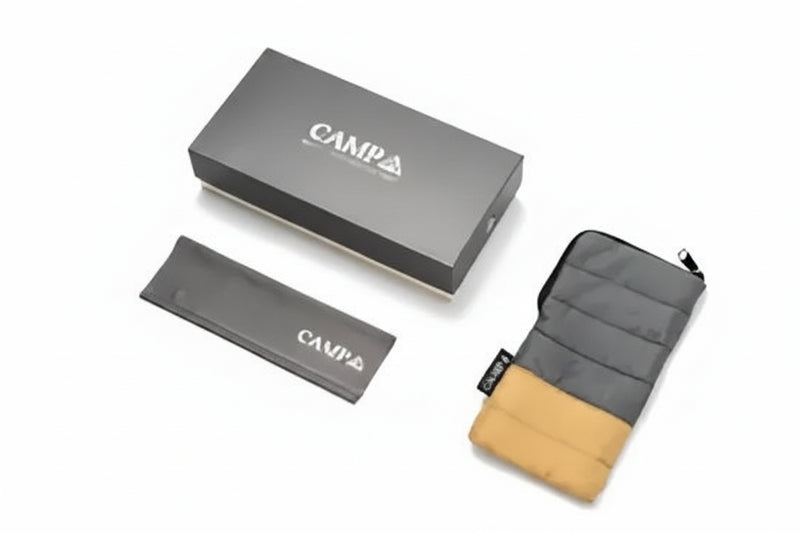 Campa branded box, sleeve, and a two-tone grey and tan padded pouch
