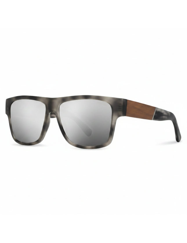 Grey tortoise shell sunglasses with silver mirrored lenses and wooden arms