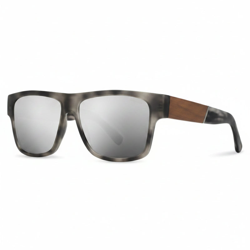 Grey tortoise shell sunglasses with silver mirrored lenses and wooden arms