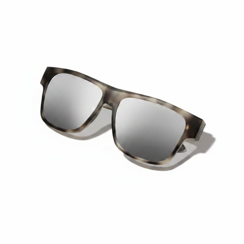 Grey tortoiseshell sunglasses with silver mirrored lenses