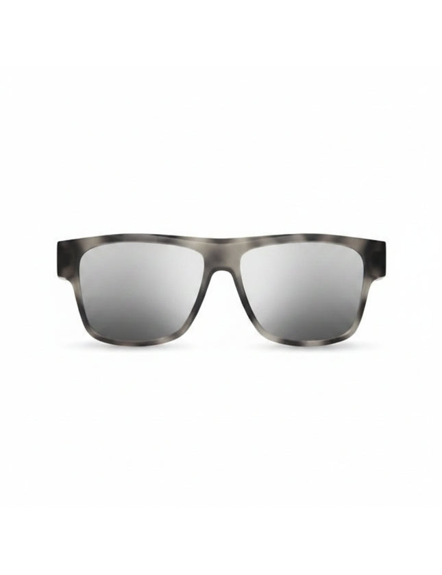 Gray tortoise shell sunglasses with silver mirrored lenses
