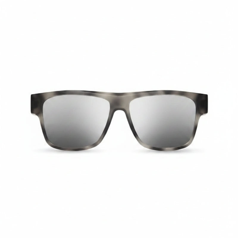 Gray tortoise shell sunglasses with silver mirrored lenses