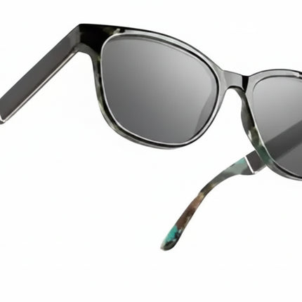 Black frame sunglasses with grey lenses and patterned arms