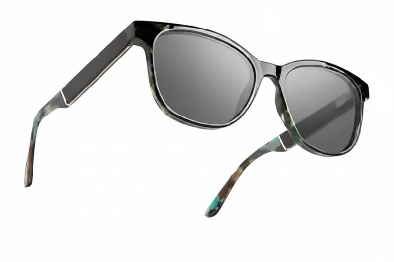 Black frame sunglasses with grey lenses and patterned arms