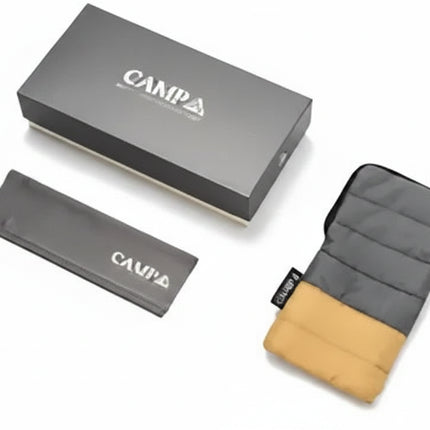 Campa branded box, sleeve, and a two-tone grey and tan padded pouch