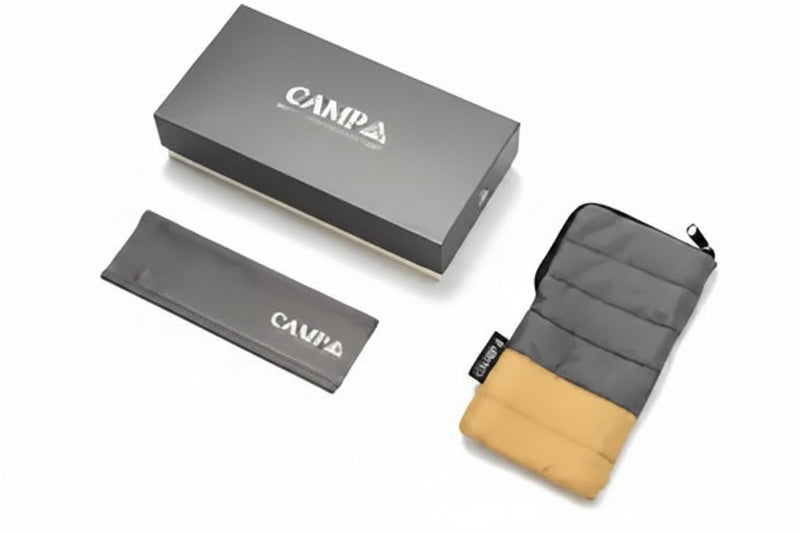 Campa branded box, sleeve, and a two-tone grey and tan padded pouch