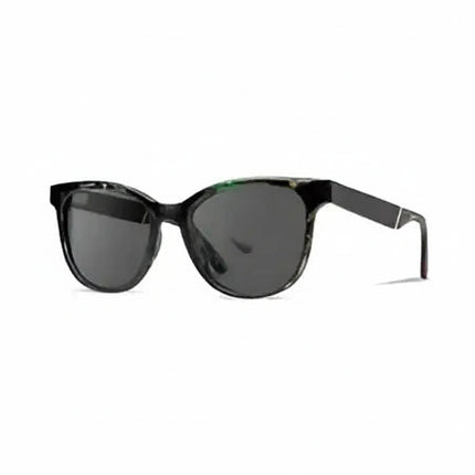 Black sunglasses with dark lenses and a subtle green pattern on the frame