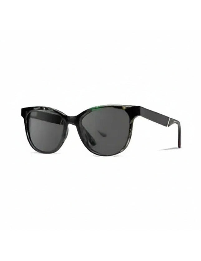 Black sunglasses with dark lenses and a subtle green pattern on the frame