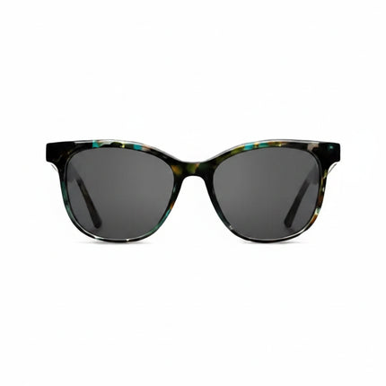 Front view of sunglasses with dark lenses and a multi-colored frame