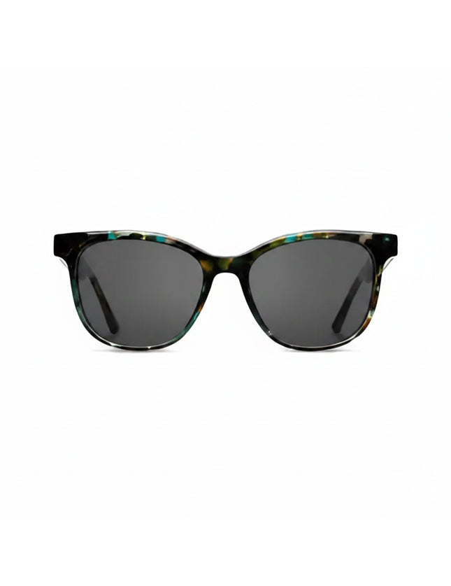 Front view of sunglasses with dark lenses and a multi-colored frame