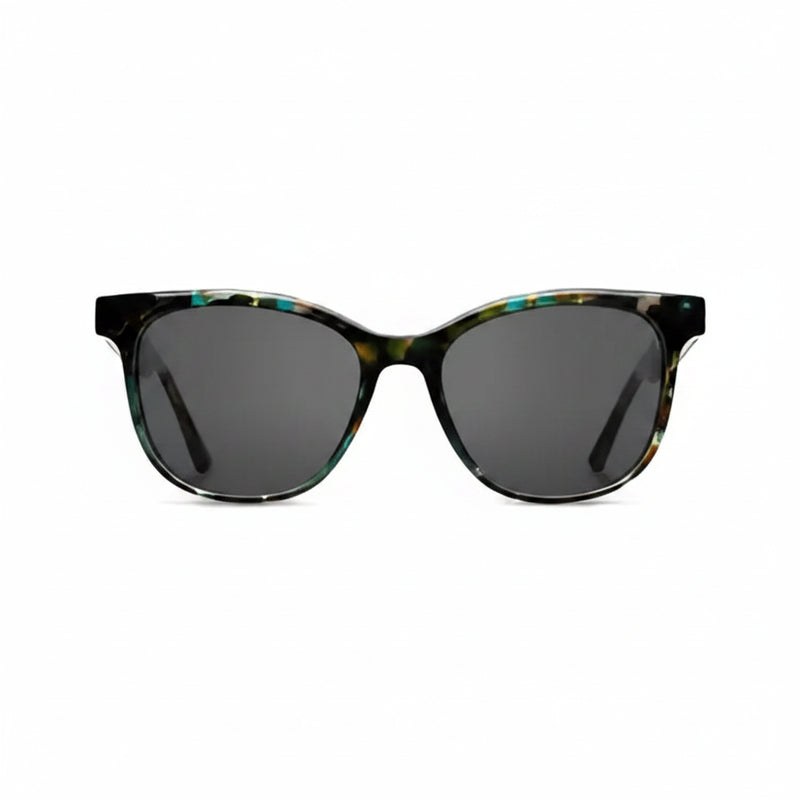 Front view of sunglasses with dark lenses and a multi-colored frame
