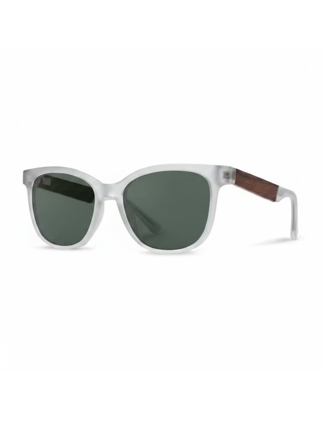Frosted white sunglasses with dark lenses and wooden arms