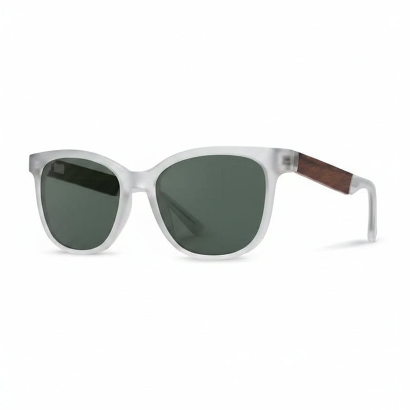 Frosted white sunglasses with dark lenses and wooden arms