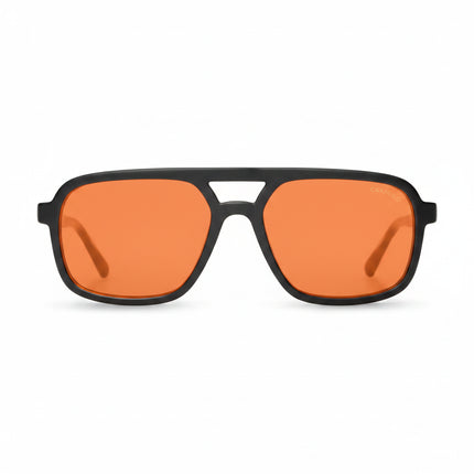 Black framed sunglasses with orange lenses