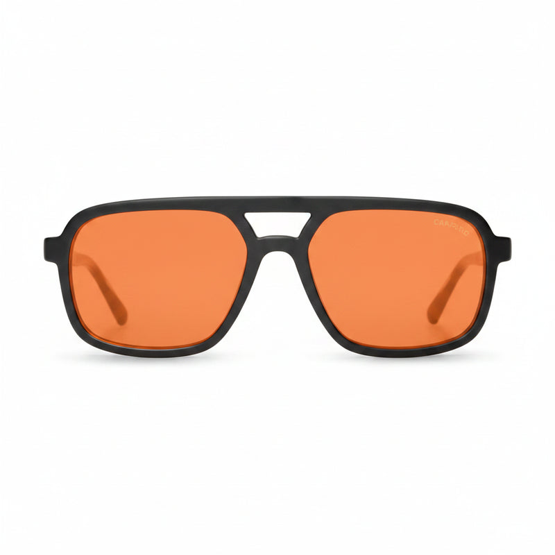 Black framed sunglasses with orange lenses