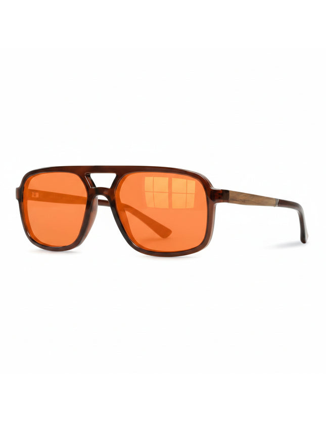 Brown aviator sunglasses with orange lenses